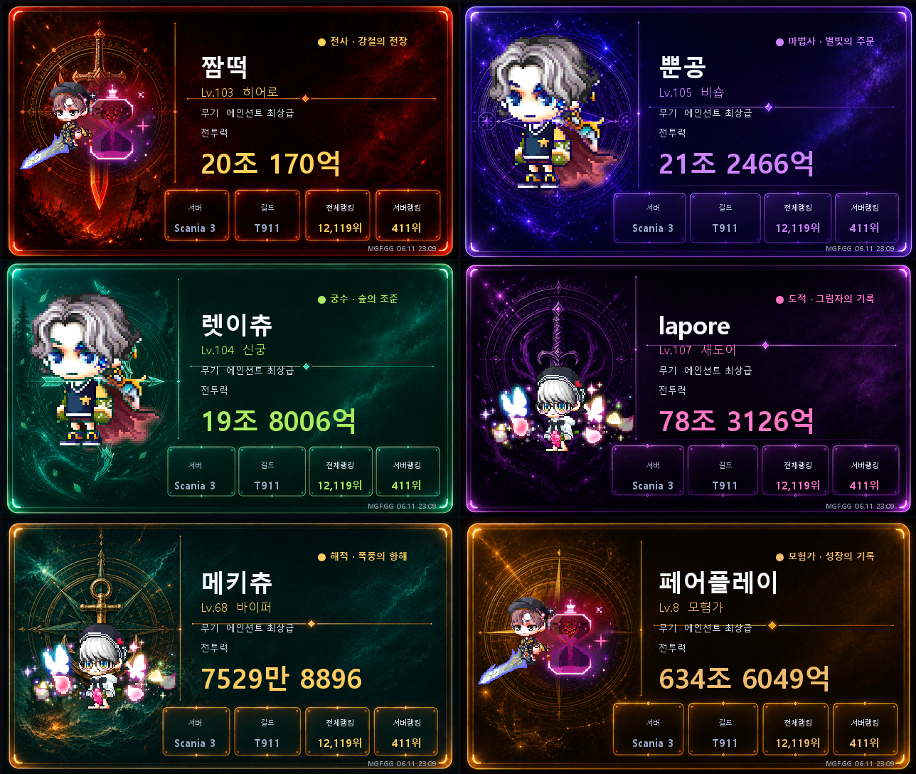 여섯 가지 직업 테마가 적용된 메키츄 캐릭터 카드 모음